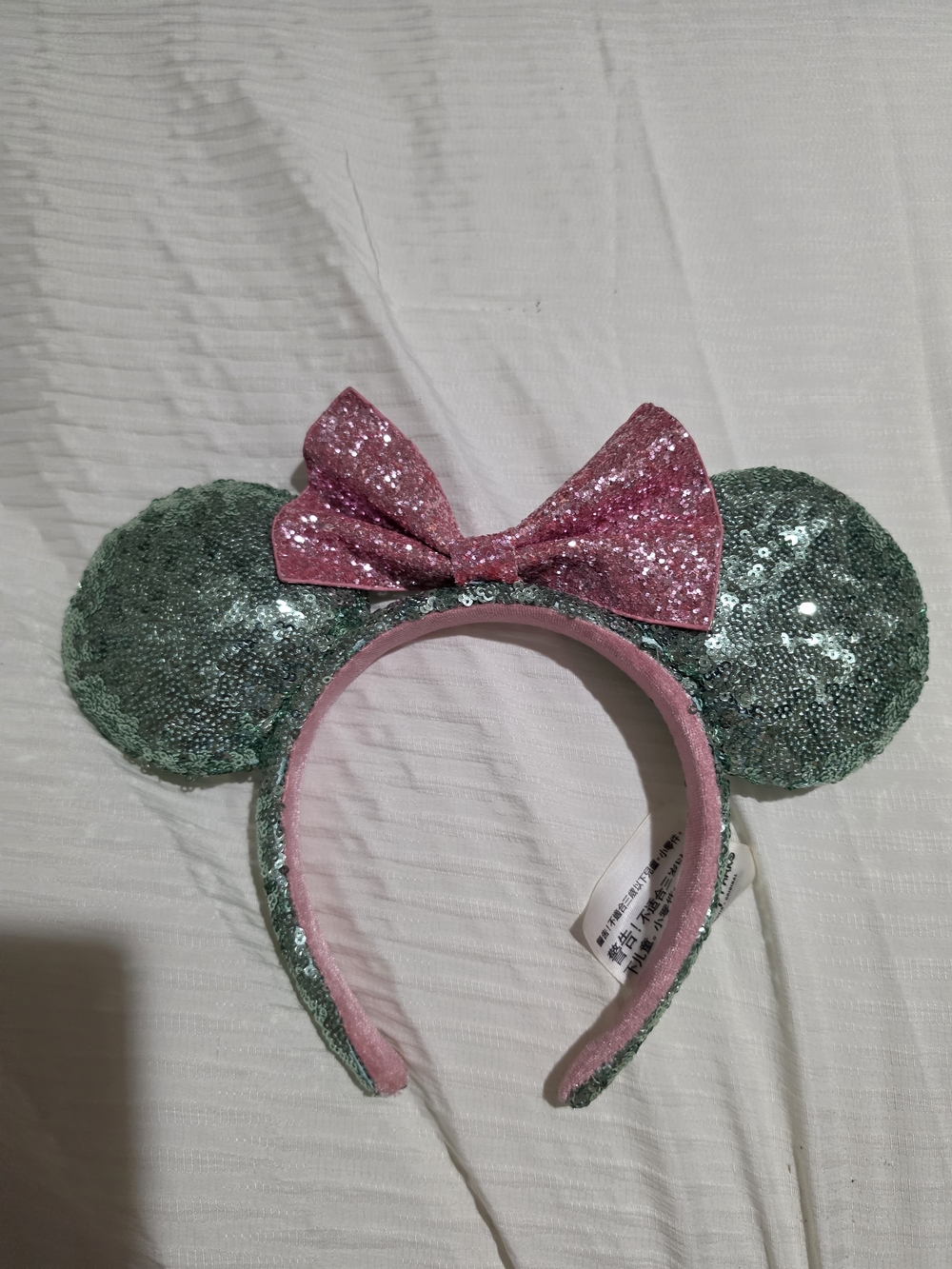 Mint Sequin Minnie Ear Headband with Pink Bow Like New